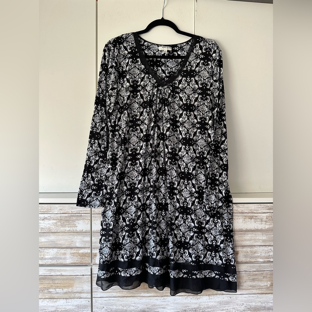 ✨ Anne Klein Black & White Damask Tunic Dress Top Large Boho Chiffon Hem